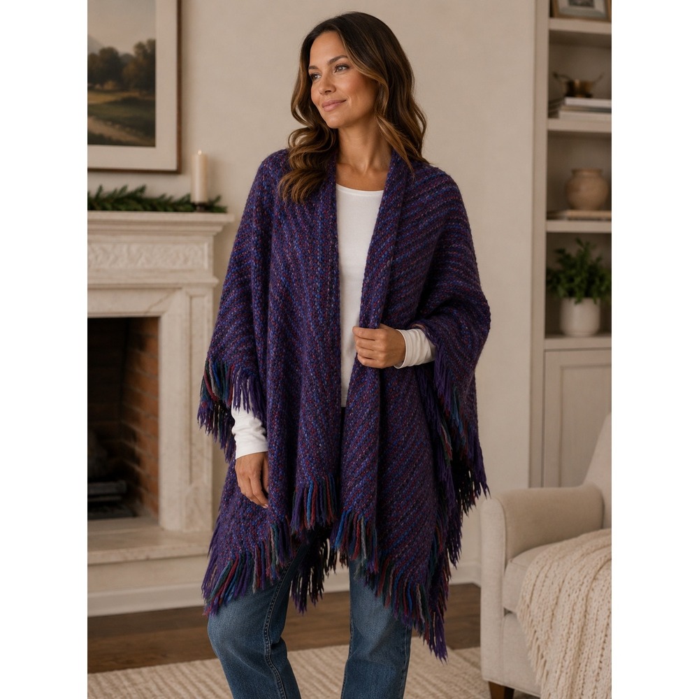 Branigan Weavers Wool Poncho Cape Ireland Purple Multi Fringe Womens One Size